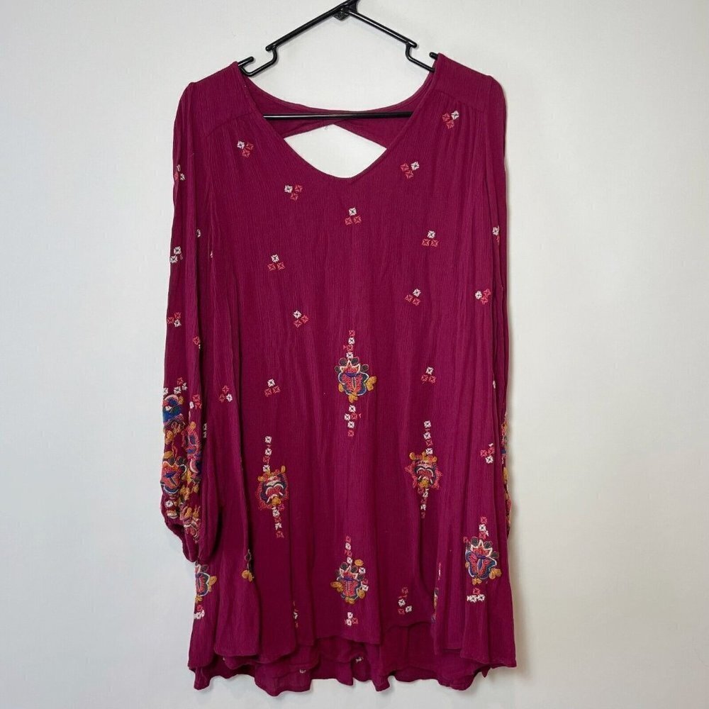 Free People Oxford Embroidered Boho Mini Dress Red S‎ Long Sleeve Keyhole Back
